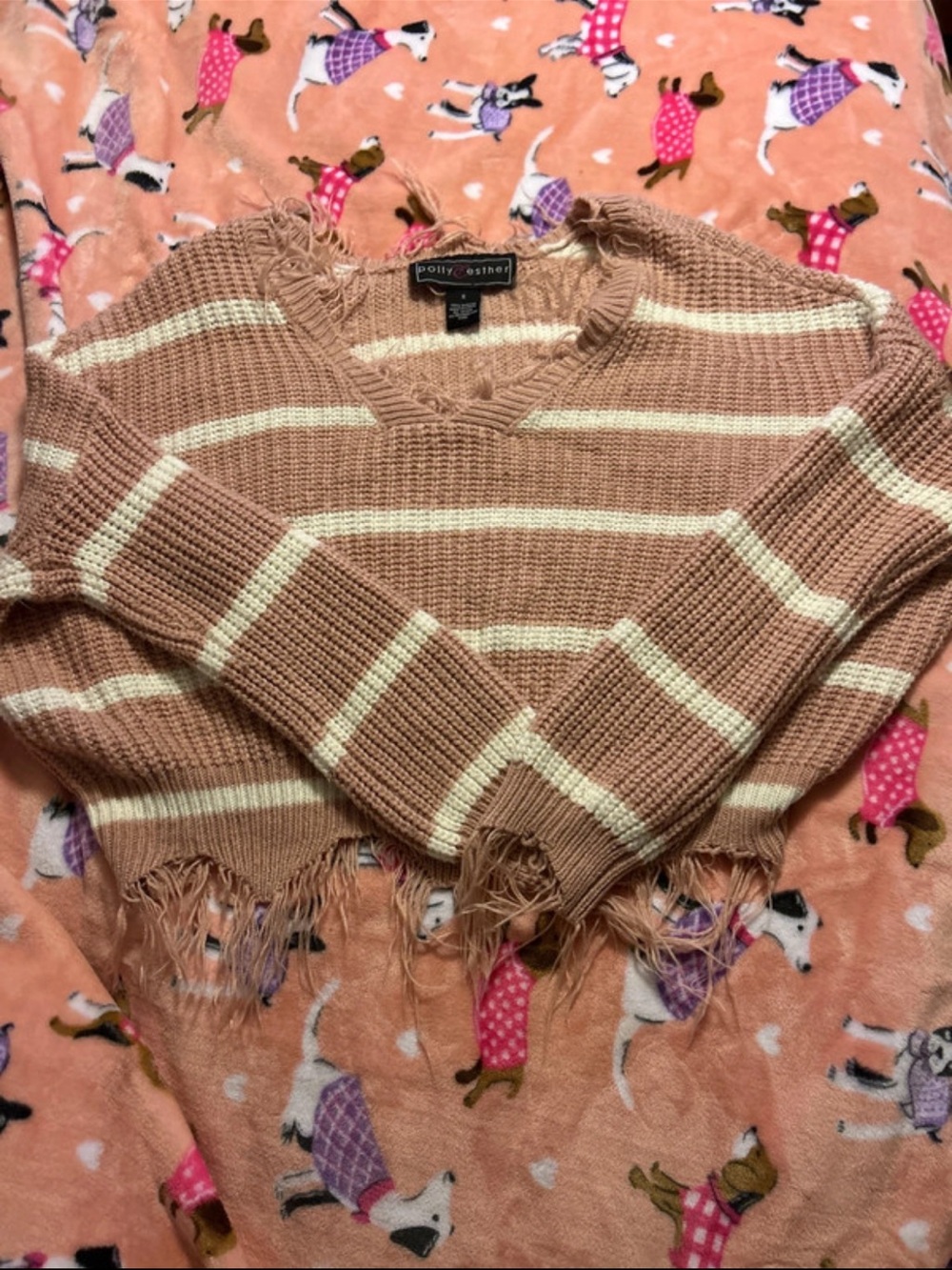 Polly & Esther Striped Cropped V-Neck Sweater in Dusty Rose and Cream
